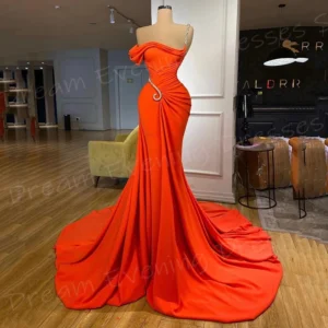Orange Prom Dress Beaded Mermaid Sleeveless Elegant Evening Gown Formal Party Dress