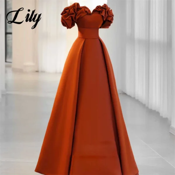Lily Orange A-Line Prom Dress Off Shoulder Sweetheart Pleated Gown