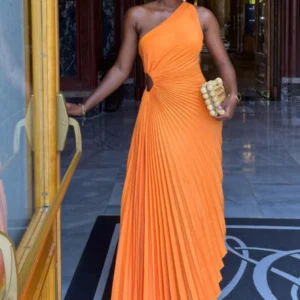 Orange Prom Dress One Shoulder Pleated A-Line Sleeveless Evening Party Dress