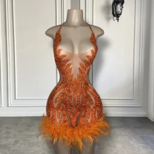 Orange Prom Dress Feather Sleeveless Mini Crystal Cocktail Party Dress