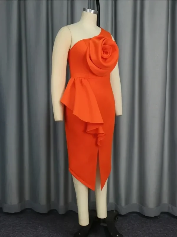 Orange One Shoulder Rose Ruffled Bodycon Dress Women Wedding - Image 3