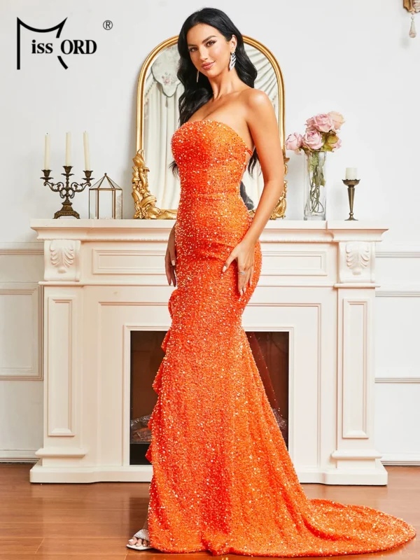 Orange Sequin Strapless Ruffle Maxi Dress For Women Prom Party - Image 5