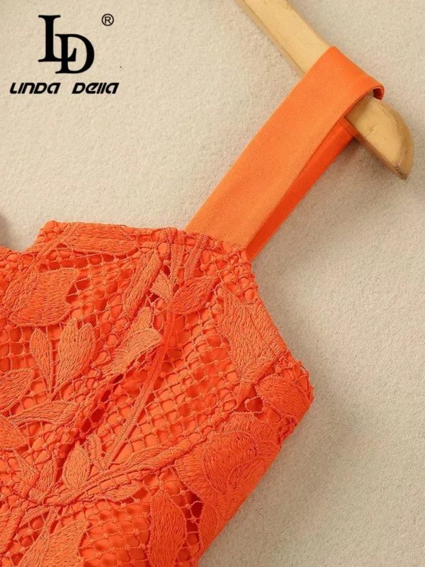 Orange Suspender Lace Hollow Dress For Women Summer Party Wear - Image 4