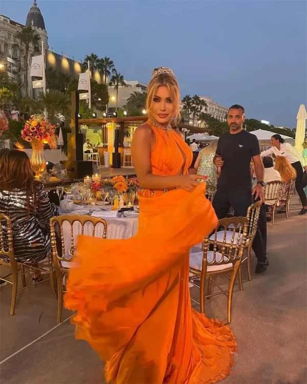 Orange prom dresses, A-line beaded crystals formal evening party gown