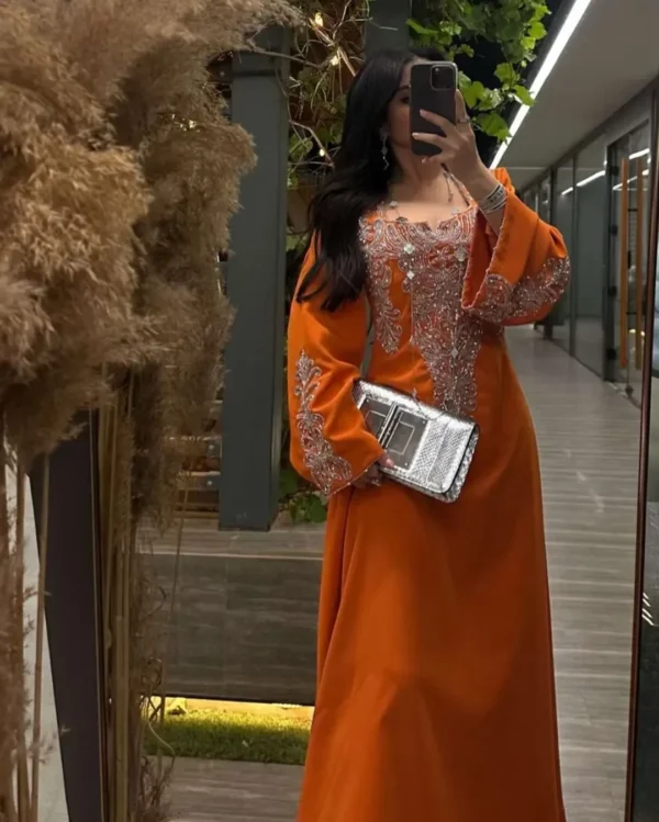 Orange Beaded Sequined Floor-Length Prom Dress For Saudi Arabia Women