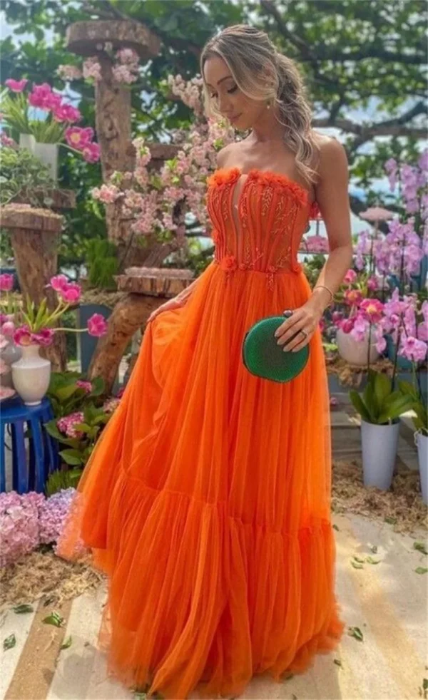 Elegant Orange V Neck Chiffon Maxi Dress With Bat Sleeves For Wedding Guests - Image 3