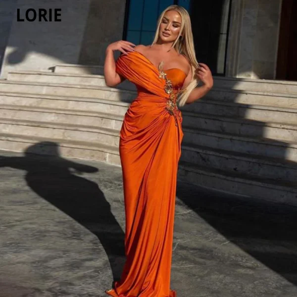 Orange Prom Dresses: Off-Shoulder Satin Evening Dress with Crystals