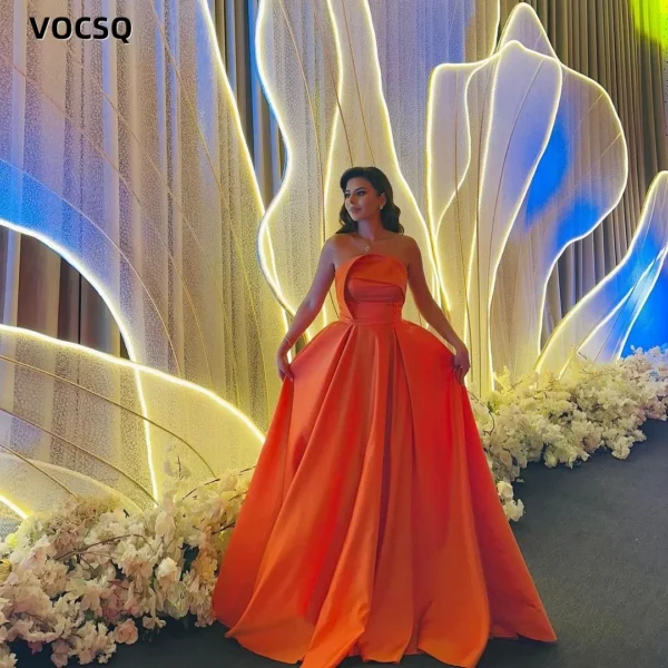 Sleeveless Satin A-Line Orange Prom Ball Gown Formal Dress