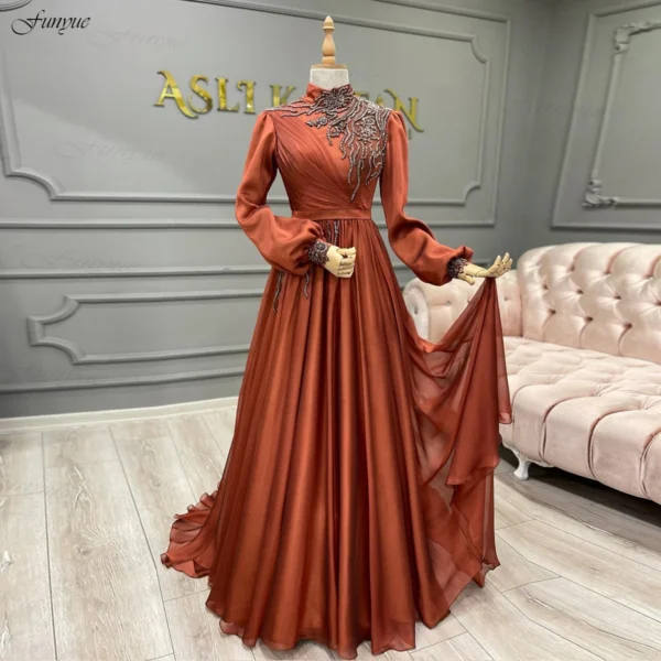 Orange Prom Dresses Chiffon A-Line Long Sleeve Formal Caftan Gown