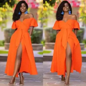 Orange Prom Dress Off Shoulder Large Swing Waist Party Dress