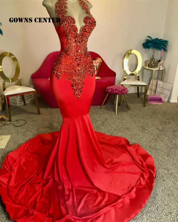 Orange prom dresses: Cheery red crystal beading mermaid gown, customized