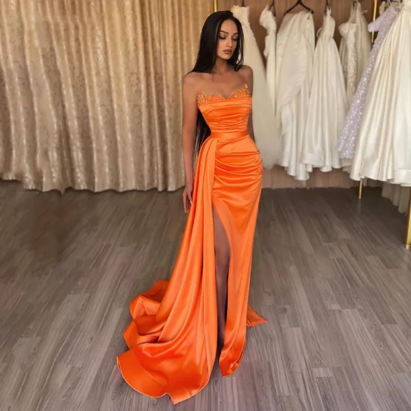 Orange prom dresses: off-shoulder mermaid gown with beads, split design - Image 3