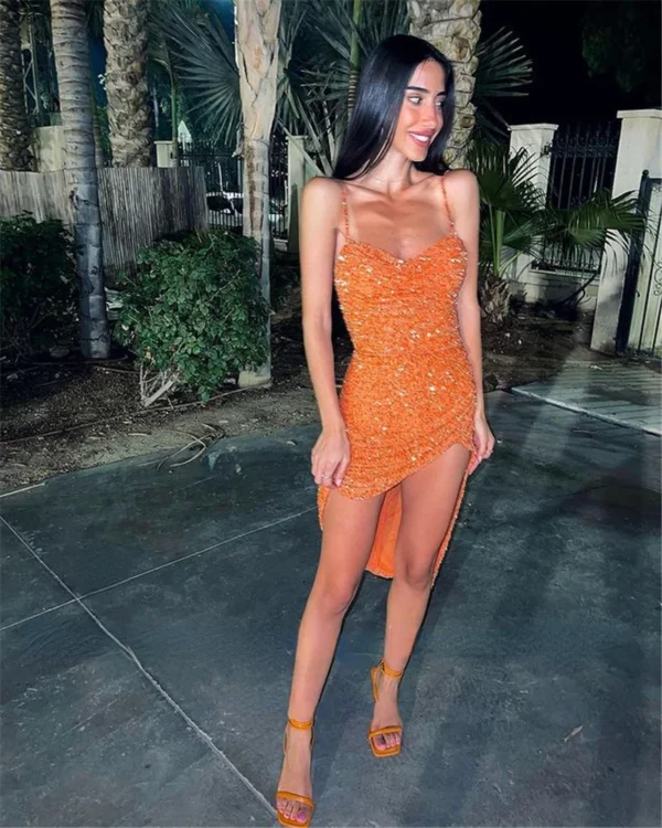 Orange Prom Dresses, Glitter, Short Front, Long Back, Sweetheart, Spaghetti Straps - Image 3