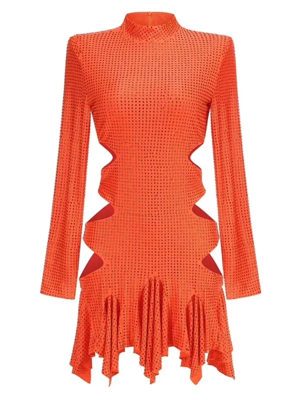Sexy Crystal Rhinestone Bodycon Orange Dress For Women Party - Image 2