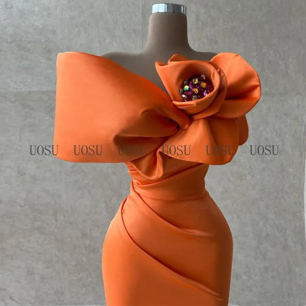 Orange prom dresses, off-shoulder mermaid gown with 3D flower details - Image 2