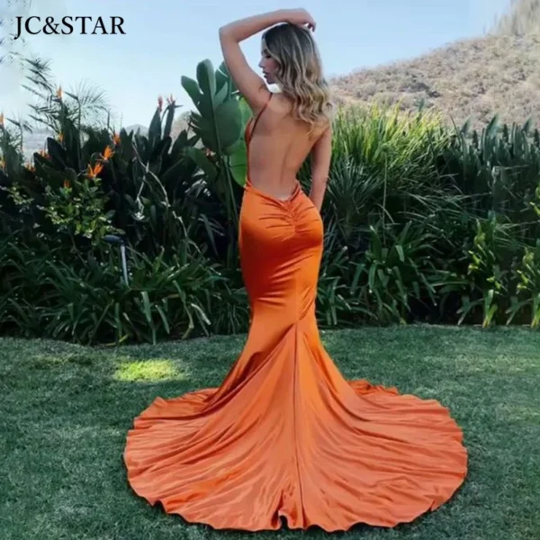 Orange Mermaid V Neck Backless Satin Bridesmaid Summer Dress