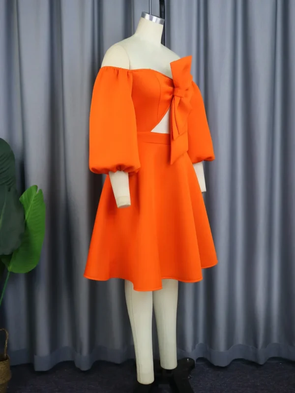 Orange Plus Size Scuba Skater Dress with Lantern Sleeves & Bowtie Detail - Image 4