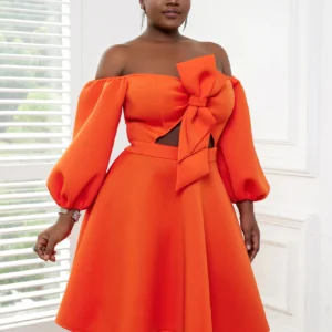Orange Plus Size Scuba Skater Dress with Lantern Sleeves & Bowtie Detail
