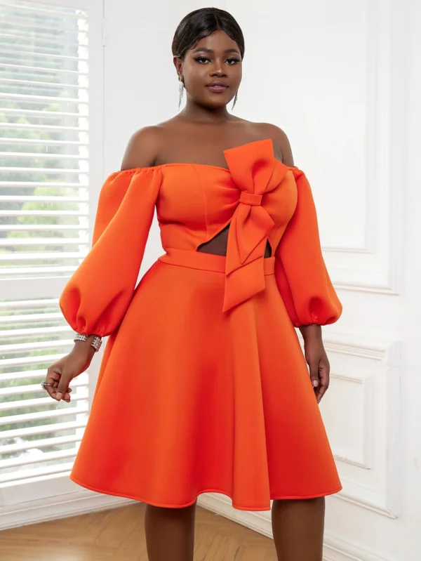 Orange Plus Size Scuba Skater Dress with Lantern Sleeves & Bowtie Detail