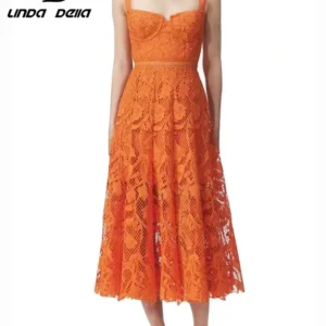 Orange Suspender Lace Hollow Dress For Women Summer Party Wear