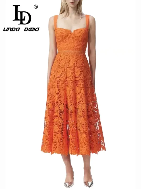 Orange Suspender Lace Hollow Dress For Women Summer Party Wear