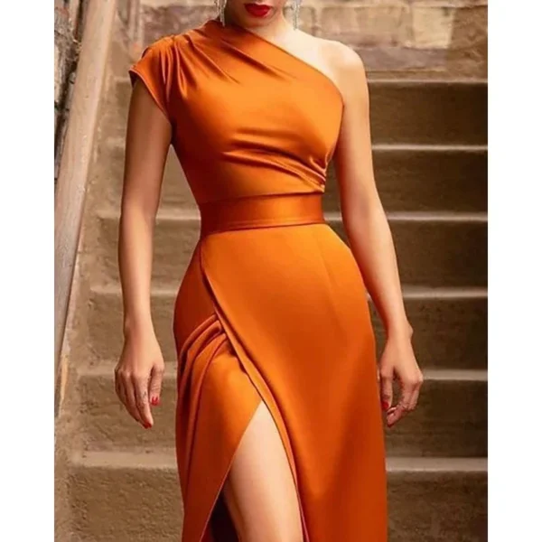 Elegant Orange Sleeveless Dress with High Waist and Slanted Shoulder - Image 2