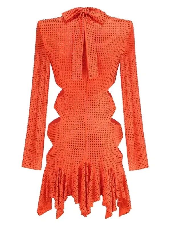 Sexy Crystal Rhinestone Bodycon Orange Dress For Women Party - Image 3