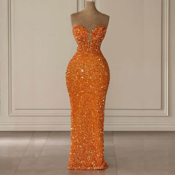 Orange Prom Dresses: Luxury Sequined Strapless Mermaid Evening Gown
