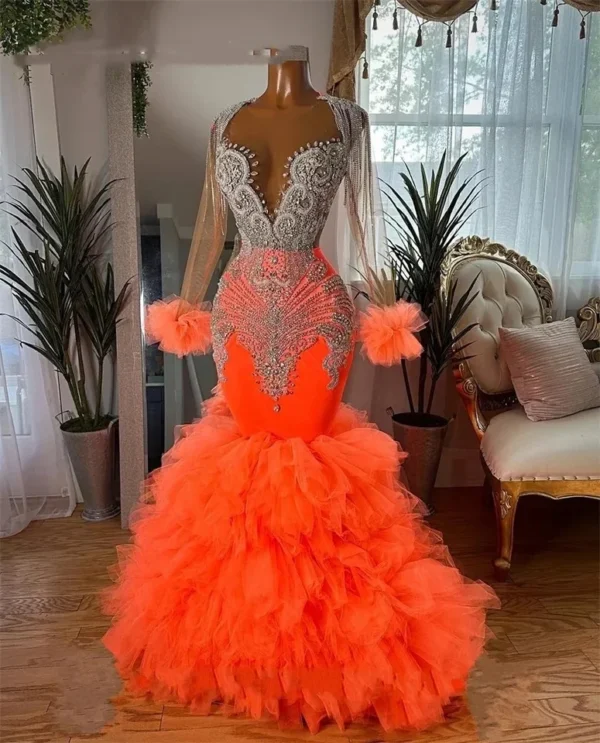 Orange Prom Dresses: Luxury Mermaid Beaded Ruffles Evening Gown