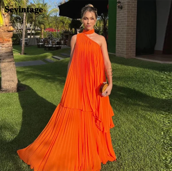 Orange Prom Dresses Chiffon Halter Tiered Pleated Sleeveless Floor-Length Gown