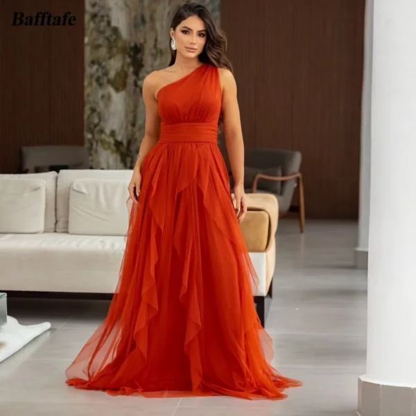 Orange Prom Dresses: Ruffle Tulle One Shoulder Bridesmaid Gown