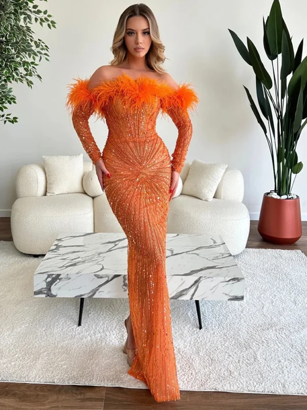 Orange Off Shoulder Feather Sequin Mesh Bodycon Evening Party Dress - Image 2