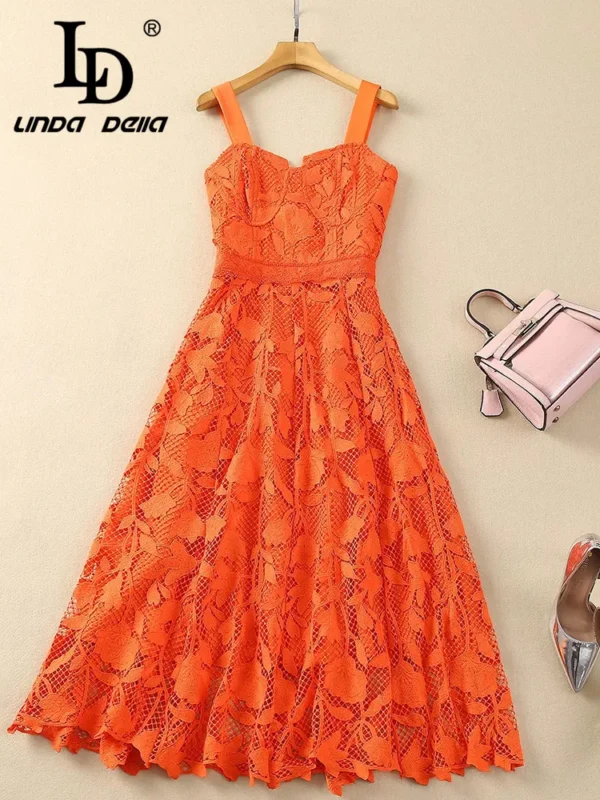 Orange Suspender Lace Hollow Dress For Women Summer Party Wear - Image 2