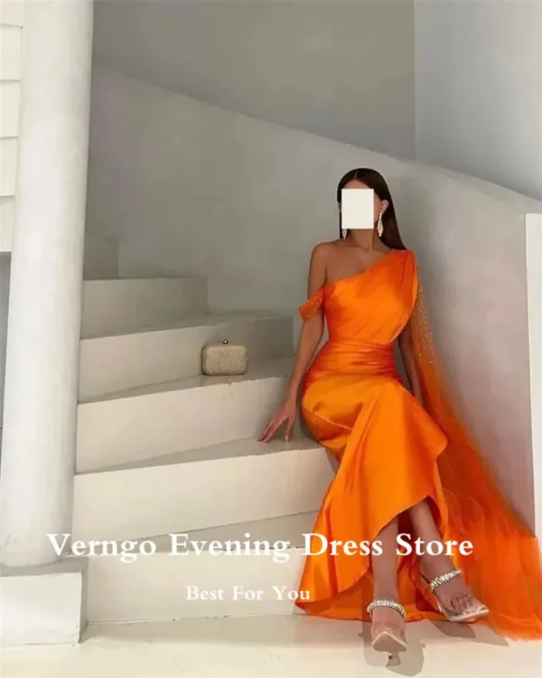 Orange prom dresses: Satin mermaid gown with sequin tulle cape - Image 2