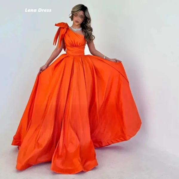 Elegant One Shoulder Orange Satin Evening Dress For Weddings Party - Image 5