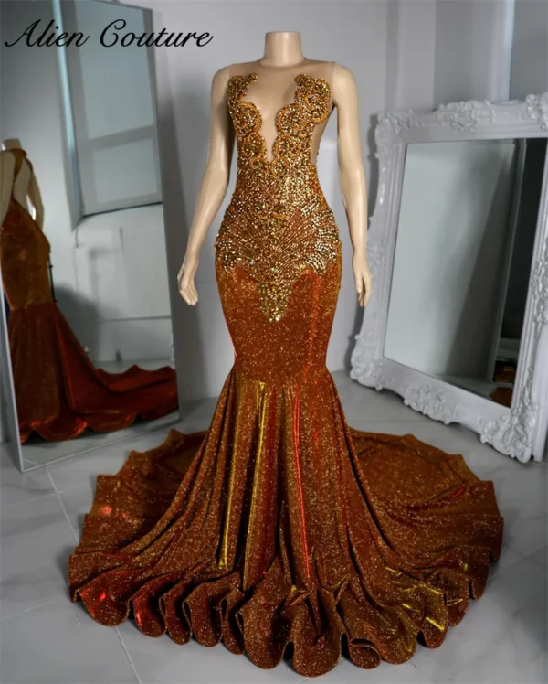 Orange prom dresses, luxury mermaid long gown with beads and crystals