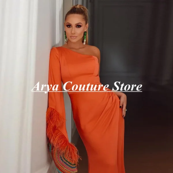 Orange prom dresses, one-shoulder satin mermaid with feather long sleeve gown - Image 2