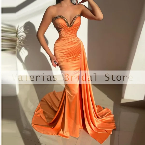 Orange Mermaid Prom Dress Strapless Beads Pleat Evening Gown