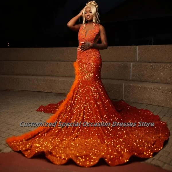 Sparkly Orange Sequin Mermaid Prom Dress Bead Crystal Rhinestones
