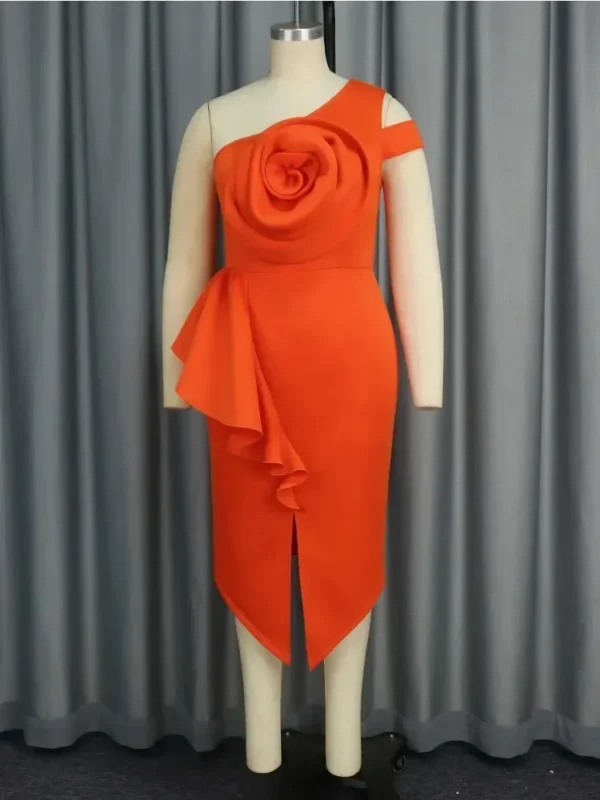 Orange One Shoulder Rose Ruffled Bodycon Dress Women Wedding - Image 2