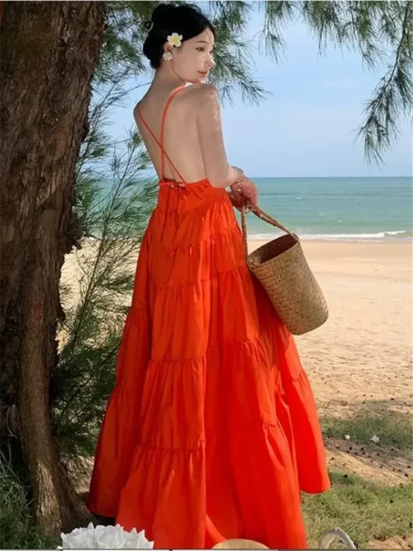 Orange Backless Halter Maxi Dress Summer Beach Holiday A-Line Style - Image 4