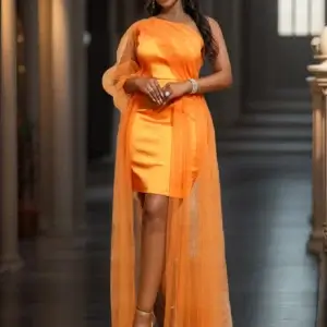Orange Prom Dress One Shoulder Sheer Long Sleeve High Waist Tulle Irregular Evening Gown