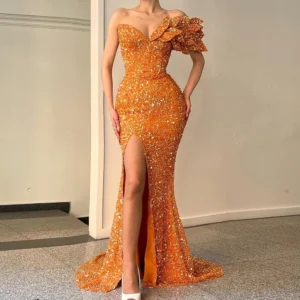 Orange Prom Dress Strapless Sequin One Shoulder Appliqué Elegant Evening Gown