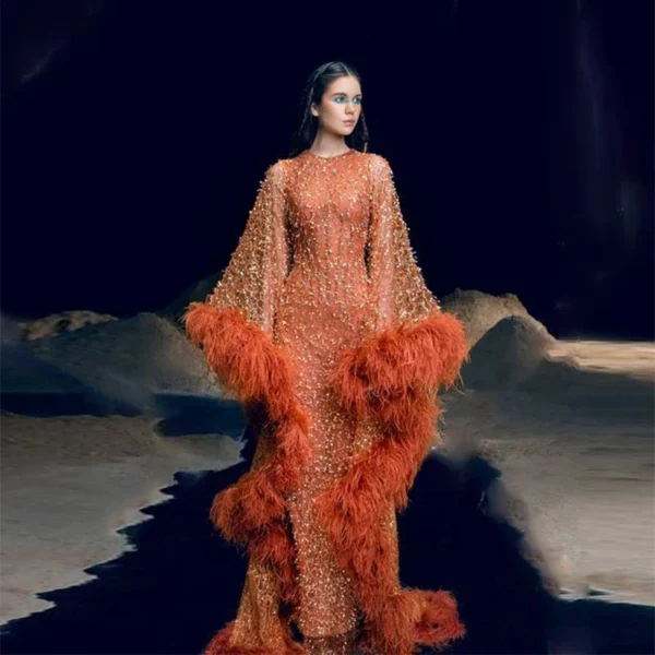 Orange Prom Dresses: Luxury Beaded Feathered Evening Gown for Women