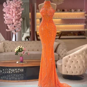 Floria Luxury Beaded Orange Mermaid Sleeveless Prom Party Dress