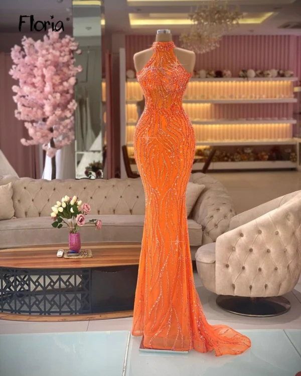 Floria Luxury Beaded Orange Mermaid Sleeveless Prom Party Dress
