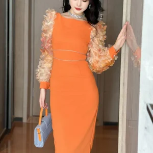 Elegant Orange Long Sleeve Dress For Women Prom Office Party