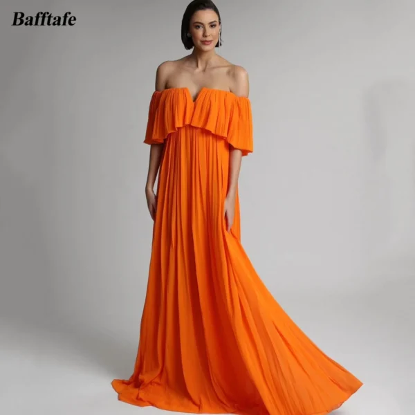 Orange Prom Dresses, Chiffon, Long, Off Shoulder, Formal, Custom Fit