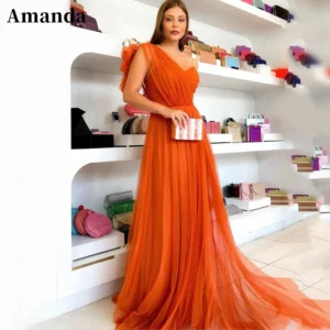 Elegant One Shoulder Orange Tulle Evening Prom Party Dress Gown
