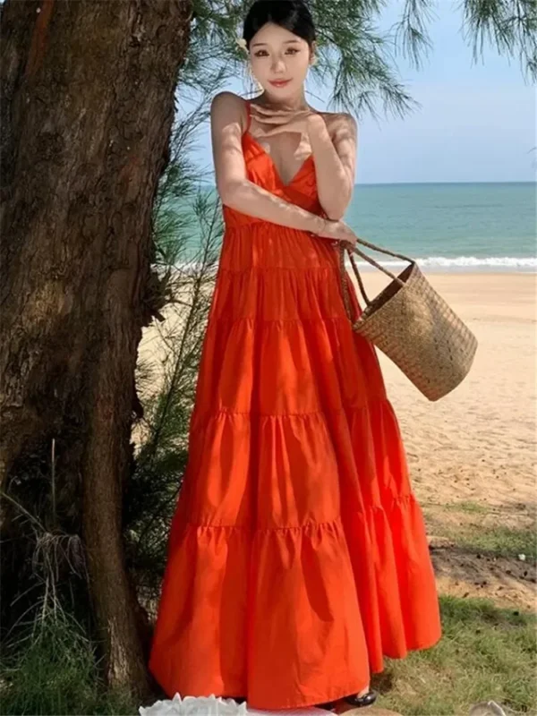 Orange Backless Halter Maxi Dress Summer Beach Holiday A-Line Style - Image 3